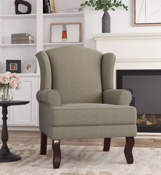 Mid-Century Retro Style Light Camel Linen Upholstered Wingback Chair with Wooden Legs (Set of 1)