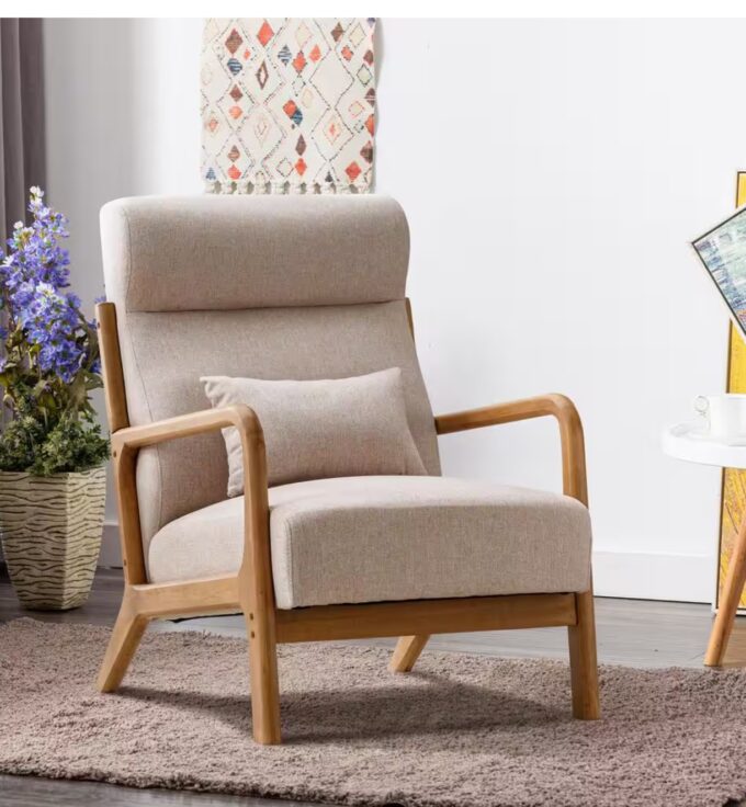 Beige Mid-Century Modern Upholstered Fabric Accent Arm Chair with Pillow and Waist Cushion