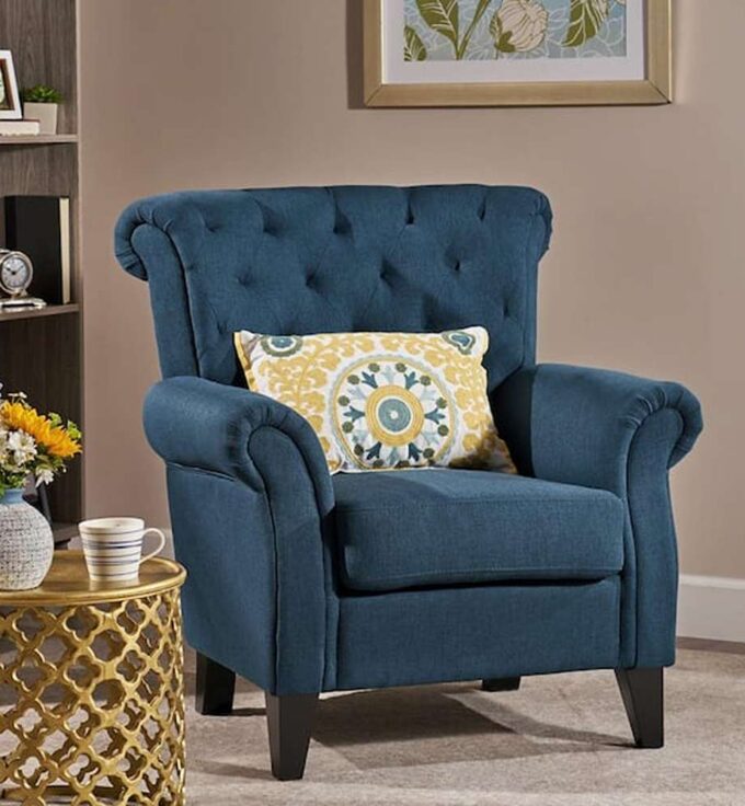 Merritt Dark Blue Fabric Club Chair with Tufted Cushions (Set of 1)